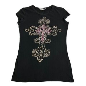 Vintage‎ Y2K Candy Rain Top Womens L Black Embellished Cross McBling Mall Goth